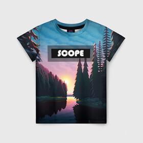 Детская футболка 3D с принтом SCOPE в Санкт-Петербурге, 100% гипоаллергенный полиэфир | прямой крой, круглый вырез горловины, длина до линии бедер, чуть спущенное плечо, ткань немного тянется | вечернее небо | голубое небо | деревья | закат | лес | неоновая надпись | озеро | река