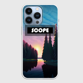 Чехол для iPhone 13 Pro с принтом SCOPE в Санкт-Петербурге,  |  | Тематика изображения на принте: вечернее небо | голубое небо | деревья | закат | лес | неоновая надпись | озеро | река