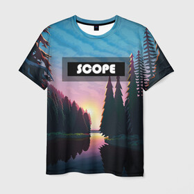 Мужская футболка 3D с принтом SCOPE в Санкт-Петербурге, 100% полиэфир | прямой крой, круглый вырез горловины, длина до линии бедер | вечернее небо | голубое небо | деревья | закат | лес | неоновая надпись | озеро | река