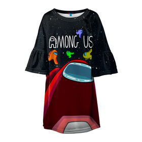 Детское платье 3D с принтом AMONG US в Санкт-Петербурге, 100% полиэстер | прямой силуэт, чуть расширенный к низу. Круглая горловина, на рукавах — воланы | among us | амонг ас | игра | космический | космический корабль | космонавт | космос | мем | среди нас | экшен