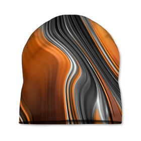 Шапка 3D с принтом абстрация в Санкт-Петербурге, 100% полиэстер | универсальный размер, печать по всей поверхности изделия | абстракция | белое | волны | оранжевое | полосы | серое | узор | черное