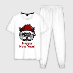 Мужская пижама хлопок с принтом Злой кот Happy New Year! в Санкт-Петербурге, 100% хлопок | брюки и футболка прямого кроя, без карманов, на брюках мягкая резинка на поясе и по низу штанин
 | 