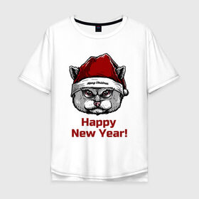Мужская футболка хлопок Oversize с принтом Злой кот Happy New Year! в Санкт-Петербурге, 100% хлопок | свободный крой, круглый ворот, “спинка” длиннее передней части | 