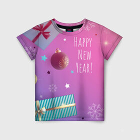 Детская футболка 3D с принтом Happy New Year! в Санкт-Петербурге, 100% гипоаллергенный полиэфир | прямой крой, круглый вырез горловины, длина до линии бедер, чуть спущенное плечо, ткань немного тянется | 
