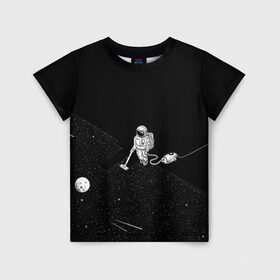 Детская футболка 3D с принтом Космический клининг в Санкт-Петербурге, 100% гипоаллергенный полиэфир | прямой крой, круглый вырез горловины, длина до линии бедер, чуть спущенное плечо, ткань немного тянется | cleaner | cosmonaut | moon | space | stars | vacuum | звезды | космонавт | космос | луна | пылесос | уборка