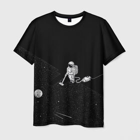 Мужская футболка 3D с принтом Космический клининг в Санкт-Петербурге, 100% полиэфир | прямой крой, круглый вырез горловины, длина до линии бедер | cleaner | cosmonaut | moon | space | stars | vacuum | звезды | космонавт | космос | луна | пылесос | уборка
