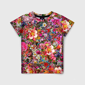 Детская футболка 3D с принтом Разные цветы в Санкт-Петербурге, 100% гипоаллергенный полиэфир | прямой крой, круглый вырез горловины, длина до линии бедер, чуть спущенное плечо, ткань немного тянется | колокольчики | красота | пион | прикольная | природа | растения | роза | тюльпан | цветок | цветы