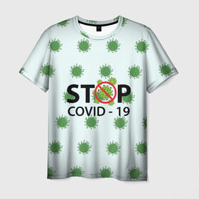 Мужская футболка 3D с принтом Stop COVID в Санкт-Петербурге, 100% полиэфир | прямой крой, круглый вырез горловины, длина до линии бедер | 