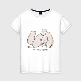 Женская футболка хлопок с принтом Уходи, человек  | кошки в Санкт-Петербурге, 100% хлопок | прямой крой, круглый вырез горловины, длина до линии бедер, слегка спущенное плечо | 2020 | 2021 | cat | армия | кавай | кавайные | киска | киски | кот | котенок | котики | коты | коты мемы | котята | кошечка | кошка | кошки и коты | мем | мемы | новый год | с котами | с котиками | с кошками
