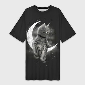 Платье-футболка 3D с принтом Котик на луне в Санкт-Петербурге,  |  | cat | likee | tik tok | астронавт | вселенная | галактика | грозовой кошак | дым | звезда | космос | кот | кот в космосе | кот на луне | котик | кошак | кошечка | кошка | лайки | луна | милый кот | мур | мяу | облако