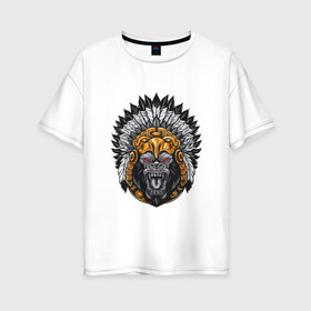 Женская футболка хлопок Oversize с принтом Шаман обезьян в Санкт-Петербурге, 100% хлопок | свободный крой, круглый ворот, спущенный рукав, длина до линии бедер
 | Тематика изображения на принте: арт | дикий | дикий зверь | дикое животное | зверь | индеец | индейцы | обезьяна | рисунок | шимпанзе