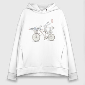 Женское худи Oversize хлопок с принтом Кролики на велосипеде в Санкт-Петербурге, френч-терри — 70% хлопок, 30% полиэстер. Мягкий теплый начес внутри —100% хлопок | боковые карманы, эластичные манжеты и нижняя кромка, капюшон на магнитной кнопке | ball | bike | bunny | flowers | велосипед | зайчики | кролики | цветы | шарик