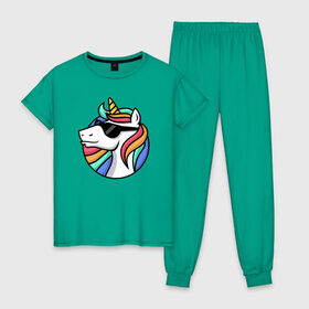 Женская пижама хлопок с принтом Стильный единорог в Санкт-Петербурге, 100% хлопок | брюки и футболка прямого кроя, без карманов, на брюках мягкая резинка на поясе и по низу штанин | rainbow | unicorn | единорог | очки | радуга