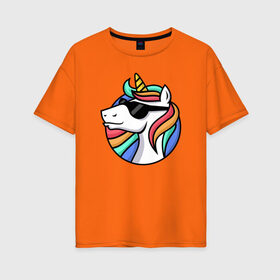 Женская футболка хлопок Oversize с принтом Стильный единорог в Санкт-Петербурге, 100% хлопок | свободный крой, круглый ворот, спущенный рукав, длина до линии бедер
 | rainbow | unicorn | единорог | очки | радуга