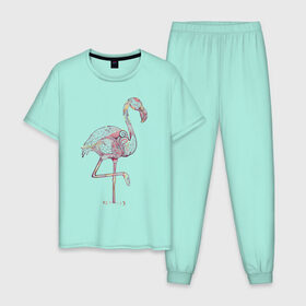 Мужская пижама хлопок с принтом Узорчатый фламинго в Санкт-Петербурге, 100% хлопок | брюки и футболка прямого кроя, без карманов, на брюках мягкая резинка на поясе и по низу штанин
 | Тематика изображения на принте: bird | flamingo | spiral | птица | спираль | узор | фламинго