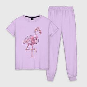 Женская пижама хлопок с принтом Узорчатый фламинго в Санкт-Петербурге, 100% хлопок | брюки и футболка прямого кроя, без карманов, на брюках мягкая резинка на поясе и по низу штанин | bird | flamingo | spiral | птица | спираль | узор | фламинго