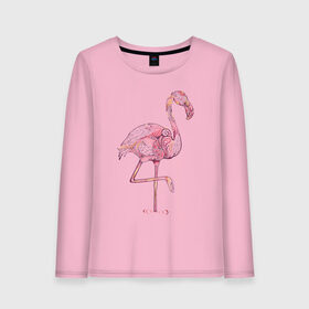 Женский лонгслив хлопок с принтом Узорчатый фламинго в Санкт-Петербурге, 100% хлопок |  | bird | flamingo | spiral | птица | спираль | узор | фламинго