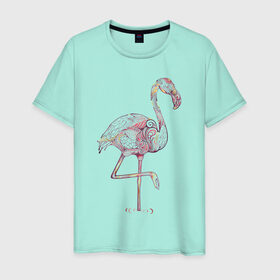 Мужская футболка хлопок с принтом Узорчатый фламинго в Санкт-Петербурге, 100% хлопок | прямой крой, круглый вырез горловины, длина до линии бедер, слегка спущенное плечо. | bird | flamingo | spiral | птица | спираль | узор | фламинго