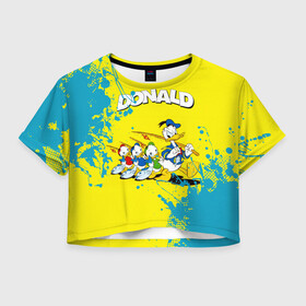 Женская футболка Crop-top 3D с принтом Donald duck(Рыбалка) в Санкт-Петербурге, 100% полиэстер | круглая горловина, длина футболки до линии талии, рукава с отворотами | donald duck | walt disney | герой | мультфильмов | рыбалка | селезень | студии