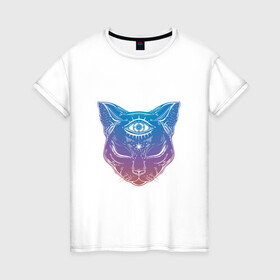 Женская футболка хлопок с принтом Просветлённый кот в Санкт-Петербурге, 100% хлопок | прямой крой, круглый вырез горловины, длина до линии бедер, слегка спущенное плечо | арт | глаз | градиент | кот | кошка | мудрость | просветлённый | рисунок | третий глаз