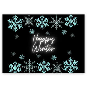 Поздравительная открытка с принтом Happy Winter в Санкт-Петербурге, 100% бумага | плотность бумаги 280 г/м2, матовая, на обратной стороне линовка и место для марки
 | Тематика изображения на принте: happy | winter | зеленый | зима | небо | ночь | северное сияние | синий | снег | счастье