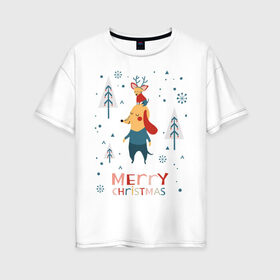 Женская футболка хлопок Oversize с принтом Merry Christmas (Собачки) в Санкт-Петербурге, 100% хлопок | свободный крой, круглый ворот, спущенный рукав, длина до линии бедер
 | 