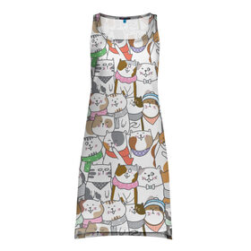 Платье-майка 3D с принтом Большая семья котиков в Санкт-Петербурге, 100% полиэстер | полуприлегающий силуэт, широкие бретели, круглый вырез горловины, удлиненный подол сзади. | bow | cat | scarf | spots | бант | косынка | кот | полоски | пятна | улыбки | шапка | шарф