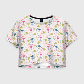 Женская футболка Crop-top 3D с принтом Фламинго в тропиках в Санкт-Петербурге, 100% полиэстер | круглая горловина, длина футболки до линии талии, рукава с отворотами | 