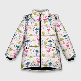 Зимняя куртка для девочек 3D с принтом Фламинго в тропиках в Санкт-Петербурге, ткань верха — 100% полиэстер; подклад — 100% полиэстер, утеплитель — 100% полиэстер. | длина ниже бедра, удлиненная спинка, воротник стойка и отстегивающийся капюшон. Есть боковые карманы с листочкой на кнопках, утяжки по низу изделия и внутренний карман на молнии. 

Предусмотрены светоотражающий принт на спинке, радужный светоотражающий элемент на пуллере молнии и на резинке для утяжки. | 