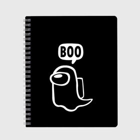 Тетрадь с принтом BOO (Among Us) в Санкт-Петербурге, 100% бумага | 48 листов, плотность листов — 60 г/м2, плотность картонной обложки — 250 г/м2. Листы скреплены сбоку удобной пружинной спиралью. Уголки страниц и обложки скругленные. Цвет линий — светло-серый
 | Тематика изображения на принте: among | among us | boo | crewmate | game | ghost | impistor | space | us | vote | бу | буу | выживший | игра | космос | невиновный | предатель | приведение | призрак | самозванец