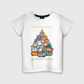 Детская футболка хлопок с принтом КотоЕль в Санкт-Петербурге, 100% хлопок | круглый вырез горловины, полуприлегающий силуэт, длина до линии бедер | гирлянда | елка | кошки | новый год | шарики