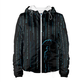 Женская куртка 3D с принтом Двоичный дождь, матрица в Санкт-Петербурге, ткань верха — 100% полиэстер, подклад — флис | прямой крой, подол и капюшон оформлены резинкой с фиксаторами, два кармана без застежек по бокам, один большой потайной карман на груди. Карман на груди застегивается на липучку | 1 | banksy | matrix | бэнкси | двоичный код | дожди | дождливая погода | дождь | матрица | программма
