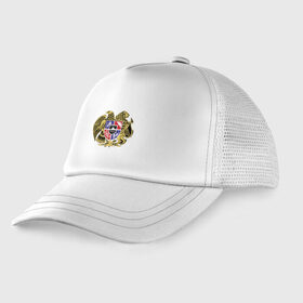 Детская кепка тракер с принтом Армения в Санкт-Петербурге, Козырек - 100% хлопок. Кепка - 100% полиэстер, Задняя часть - сетка | универсальный размер, пластиковая застёжка | Тематика изображения на принте: armenia | арарат | армения | герб | горы | лев | страна | флаг | шашлык