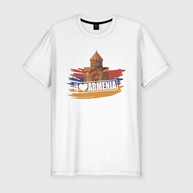 Мужская футболка хлопок Slim с принтом Армения в Санкт-Петербурге, 92% хлопок, 8% лайкра | приталенный силуэт, круглый вырез ворота, длина до линии бедра, короткий рукав | armenia | арарат | армения | герб | горы | лев | страна | флаг | шашлык