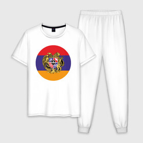 Мужская пижама хлопок с принтом Армения в Санкт-Петербурге, 100% хлопок | брюки и футболка прямого кроя, без карманов, на брюках мягкая резинка на поясе и по низу штанин
 | Тематика изображения на принте: armenia | арарат | армения | герб | горы | лев | страна | флаг | шашлык