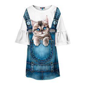 Детское платье 3D с принтом КОТЕНОК В КАРМАНЕ в Санкт-Петербурге, 100% полиэстер | прямой силуэт, чуть расширенный к низу. Круглая горловина, на рукавах — воланы | cat | барсик | девочкам | джинсы | карман | киса | комбинезон | костюм | кот | котенок | котик | кошка | красиво | мило | мяу | одежда