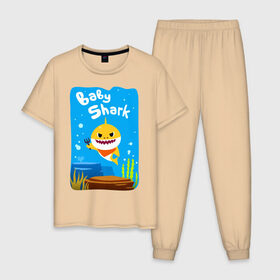 Мужская пижама хлопок с принтом Baby Shark в Санкт-Петербурге, 100% хлопок | брюки и футболка прямого кроя, без карманов, на брюках мягкая резинка на поясе и по низу штанин
 | babyshark | babysharkchallenge | babysharkdance | акулёнок | детскаяпесенка | семьяакул