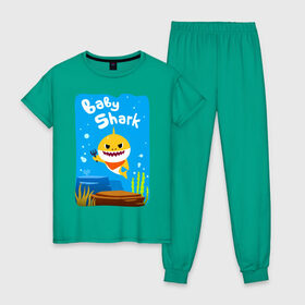 Женская пижама хлопок с принтом Baby Shark в Санкт-Петербурге, 100% хлопок | брюки и футболка прямого кроя, без карманов, на брюках мягкая резинка на поясе и по низу штанин | babyshark | babysharkchallenge | babysharkdance | акулёнок | детскаяпесенка | семьяакул