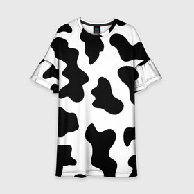 Детское платье 3D с принтом Му-му в Санкт-Петербурге, 100% полиэстер | прямой силуэт, чуть расширенный к низу. Круглая горловина, на рукавах — воланы | абстракция | бык | кожа коровы | корова | му му | пятна | черно белое | черно белые пятна