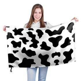 Флаг 3D с принтом Му-му в Санкт-Петербурге, 100% полиэстер | плотность ткани — 95 г/м2, размер — 67 х 109 см. Принт наносится с одной стороны | абстракция | бык | кожа коровы | корова | му му | пятна | черно белое | черно белые пятна