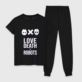 Женская пижама хлопок с принтом Love Death Robots в Санкт-Петербурге, 100% хлопок | брюки и футболка прямого кроя, без карманов, на брюках мягкая резинка на поясе и по низу штанин | 