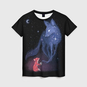 Женская футболка 3D с принтом Лиса и ее дух в Санкт-Петербурге, 100% полиэфир ( синтетическое хлопкоподобное полотно) | прямой крой, круглый вырез горловины, длина до линии бедер | fox | moon | stars | дух | звезды | лес | леса | лиса | лиса и лес | лисичка | лисичка в лесу | лисички в космосе | лисы | луна | небо | ночное небо | с лисами | темнота