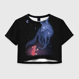 Женская футболка Crop-top 3D с принтом Лиса и ее дух в Санкт-Петербурге, 100% полиэстер | круглая горловина, длина футболки до линии талии, рукава с отворотами | fox | moon | stars | дух | звезды | лес | леса | лиса | лиса и лес | лисичка | лисичка в лесу | лисички в космосе | лисы | луна | небо | ночное небо | с лисами | темнота