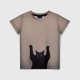 Детская футболка 3D с принтом Кот сдается в Санкт-Петербурге, 100% гипоаллергенный полиэфир | прямой крой, круглый вырез горловины, длина до линии бедер, чуть спущенное плечо, ткань немного тянется | cat | арест | испуг | кот | руки вверх | черный кот
