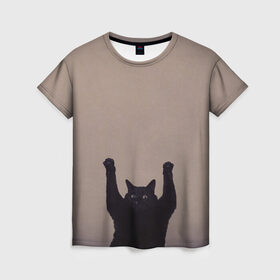 Женская футболка 3D с принтом Кот сдается в Санкт-Петербурге, 100% полиэфир ( синтетическое хлопкоподобное полотно) | прямой крой, круглый вырез горловины, длина до линии бедер | cat | арест | испуг | кот | руки вверх | черный кот