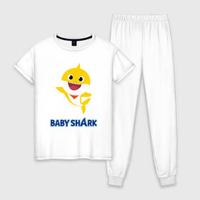 Женская пижама хлопок с принтом Baby Shark Рисунок на спине в Санкт-Петербурге, 100% хлопок | брюки и футболка прямого кроя, без карманов, на брюках мягкая резинка на поясе и по низу штанин | 