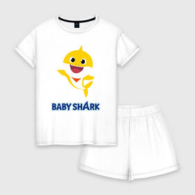 Женская пижама с шортиками хлопок с принтом Baby Shark Рисунок на спине в Санкт-Петербурге, 100% хлопок | футболка прямого кроя, шорты свободные с широкой мягкой резинкой | 