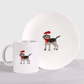 Набор: тарелка + кружка с принтом Новогодний Бигль в Санкт-Петербурге, керамика | Кружка: объем — 330 мл, диаметр — 80 мм. Принт наносится на бока кружки, можно сделать два разных изображения. 
Тарелка: диаметр - 210 мм, диаметр для нанесения принта - 120 мм. | 2021 | бигль | зима | зимняя собака | милый | нарядная собака | новогодний щенок | новый год | подарок | собака | собака в шапке | шарф | щенок | щенок с шарфом