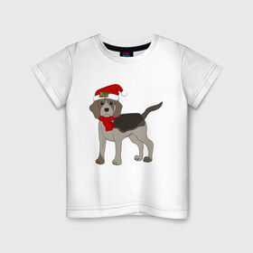 Детская футболка хлопок с принтом Новогодний Бигль в Санкт-Петербурге, 100% хлопок | круглый вырез горловины, полуприлегающий силуэт, длина до линии бедер | 2021 | бигль | зима | зимняя собака | милый | нарядная собака | новогодний щенок | новый год | подарок | собака | собака в шапке | шарф | щенок | щенок с шарфом