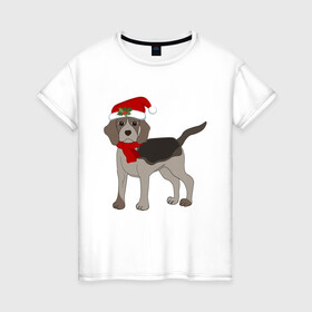 Женская футболка хлопок с принтом Новогодний Бигль в Санкт-Петербурге, 100% хлопок | прямой крой, круглый вырез горловины, длина до линии бедер, слегка спущенное плечо | 2021 | бигль | зима | зимняя собака | милый | нарядная собака | новогодний щенок | новый год | подарок | собака | собака в шапке | шарф | щенок | щенок с шарфом